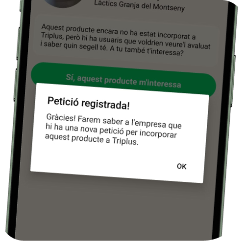 Missatge que es rep en subscriure la petició de producte nou fet per un altre usuari